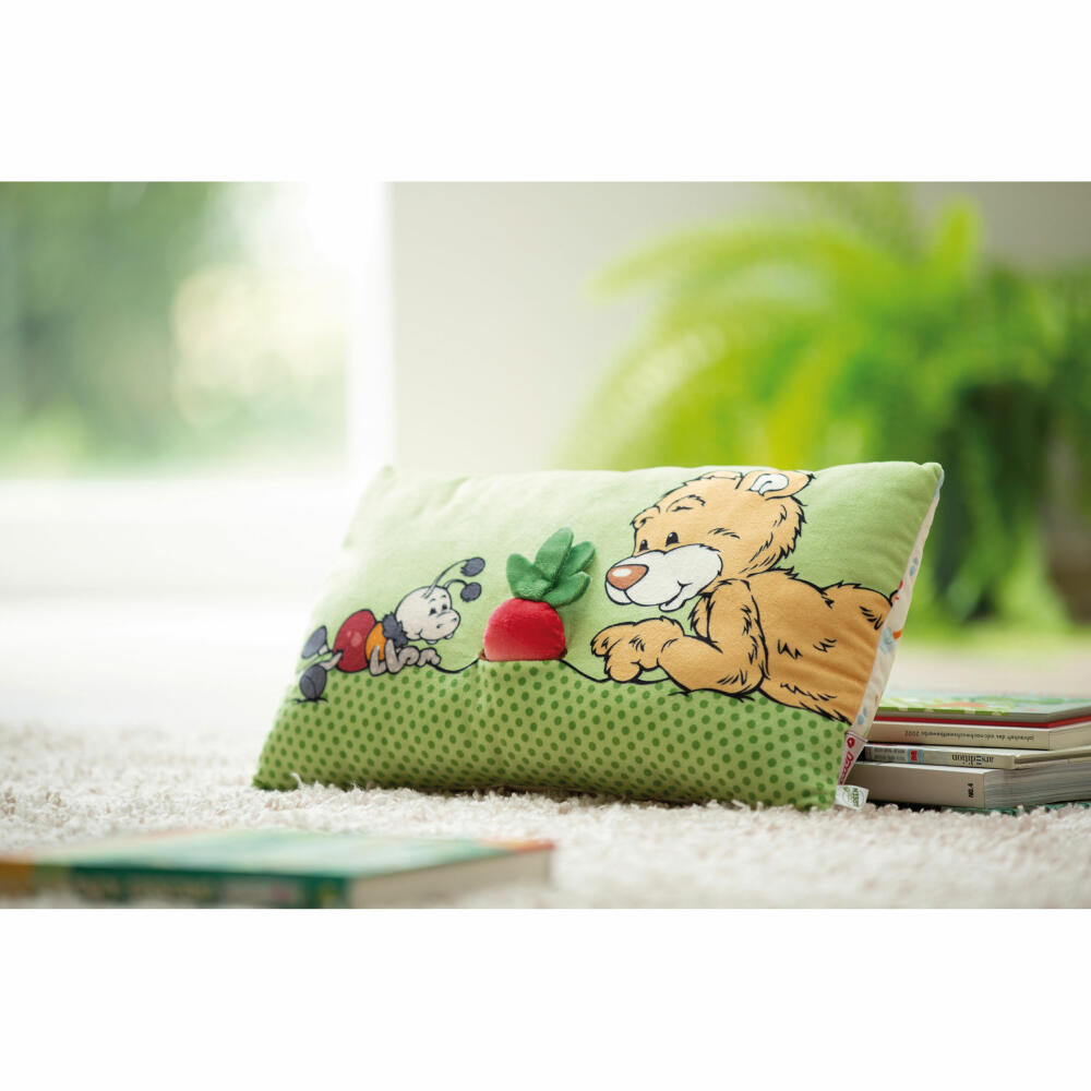 NICI Green Classic Bear Pillow Bear Mielo with 2D Radishes, Pillow, Cuddly Pillow, Decorative Pillow, 43 x 25 cm, 49449