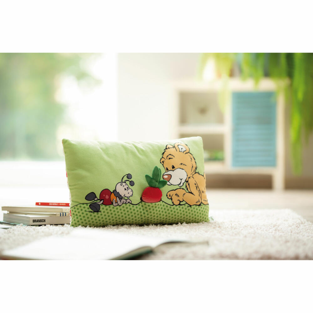NICI Green Classic Bear Pillow Bear Mielo with 2D Radishes, Pillow, Cuddly Pillow, Decorative Pillow, 43 x 25 cm, 49449