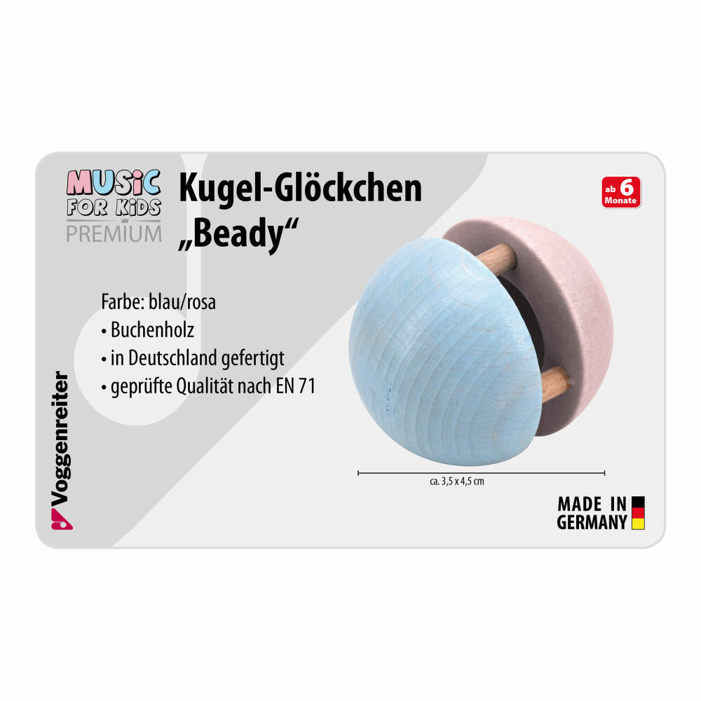 Voggenreiter Music For Kids Premium Kugel-Glöckchen Beady, Rassel, Holzklangspielzeug, Klangspielzeug, Blau / Rosa, 1243