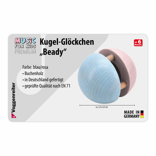Voggenreiter Music For Kids Premium Kugel-Glöckchen Beady, Rassel, Holzklangspielzeug, Klangspielzeug, Blau / Rosa, 1243