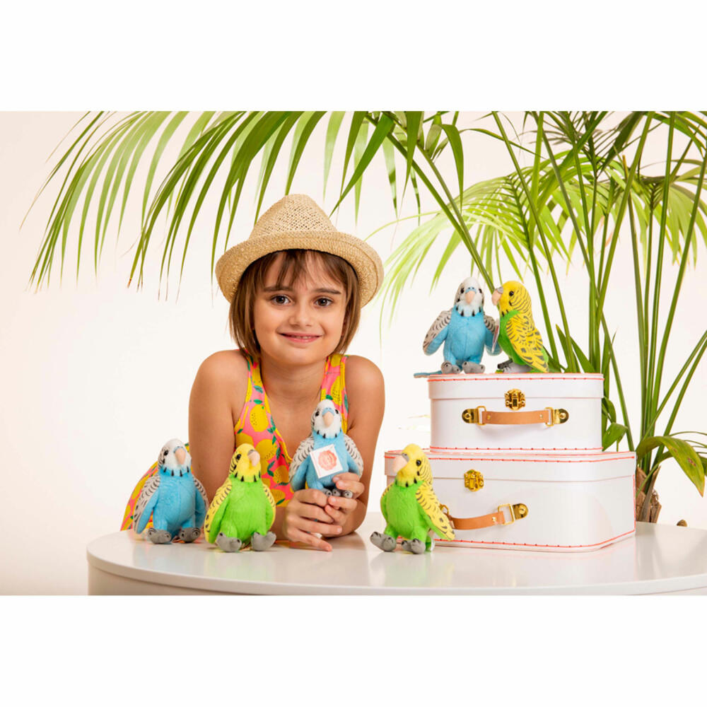 Teddy Hermann budgie, cuddly toy, stuffed toy, plush toy, bird, exotic animal, pet, standing, plush, green, 13 cm, 94158