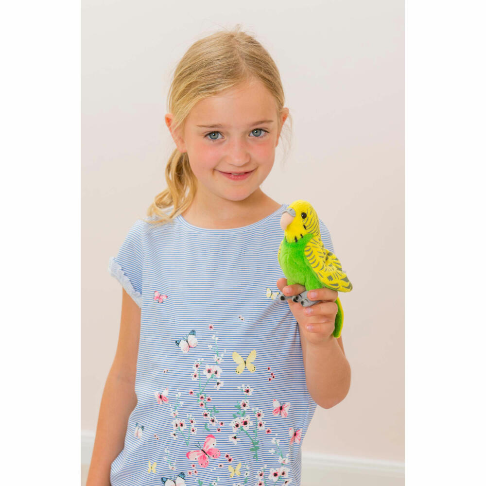 Teddy Hermann budgie, cuddly toy, stuffed toy, plush toy, bird, exotic animal, pet, standing, plush, green, 13 cm, 94158