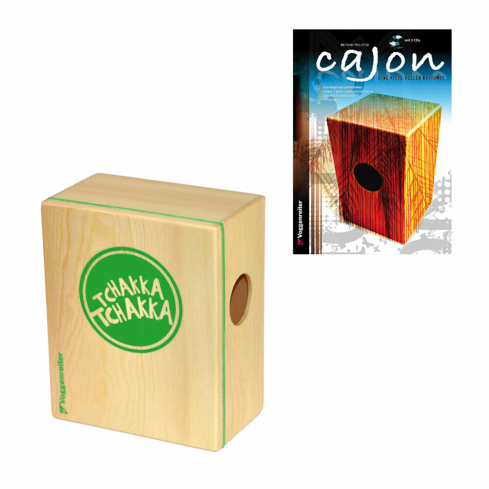 Voggenreiter Cajon Set, 4-tlg., Volt KazooJon Quader, Eine Kiste Voller Rhythmus, Lernbuch, Trommelkiste, Trommel