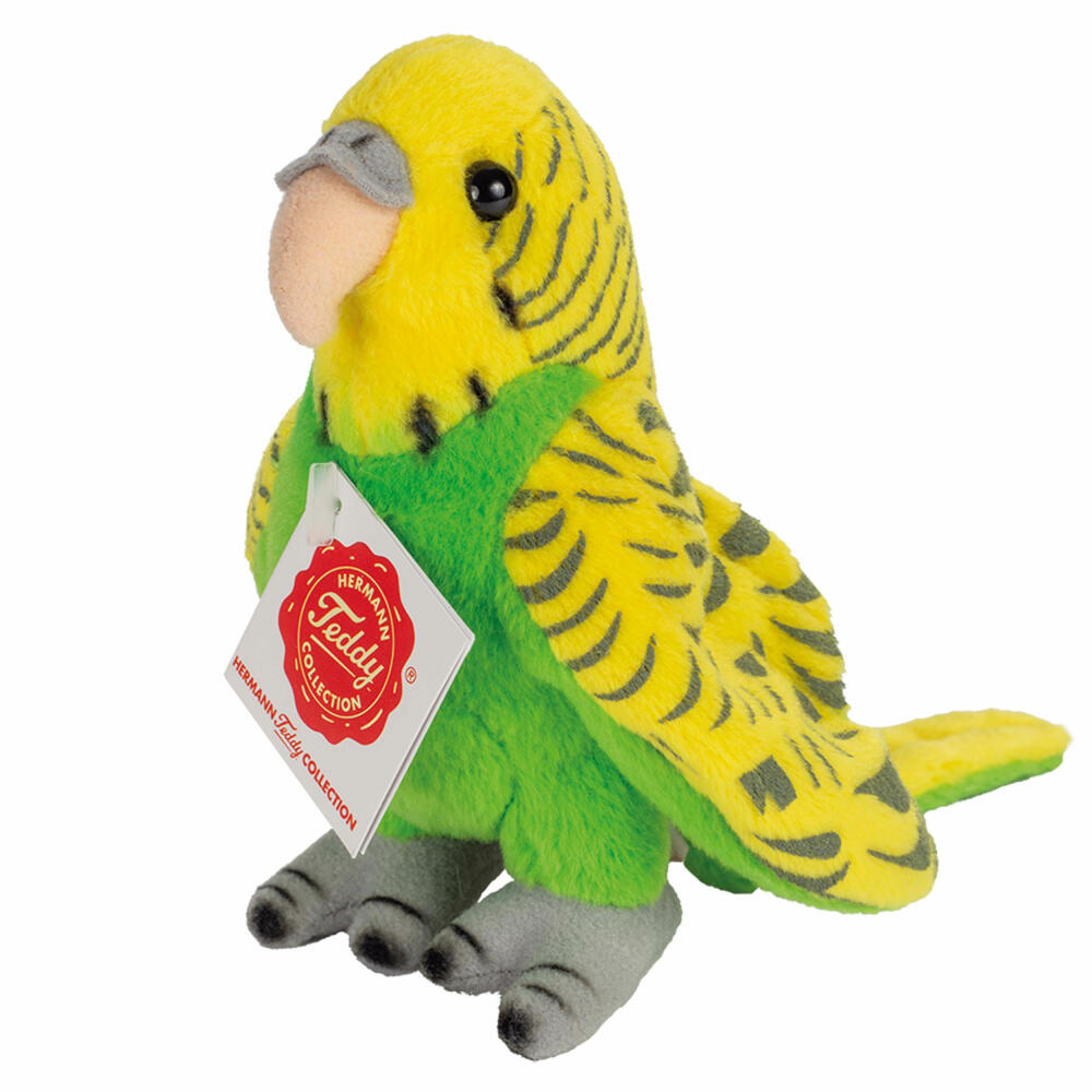 Teddy Hermann budgie, cuddly toy, stuffed toy, plush toy, bird, exotic animal, pet, standing, plush, green, 13 cm, 94158