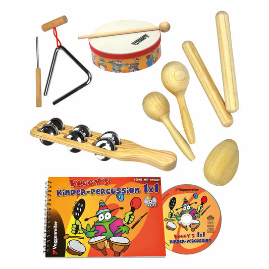 Voggenreiter Percussion-Set, 11-tlg., Maracas, Trommel, Triangel, Egg-Shaker, Schellenkranz