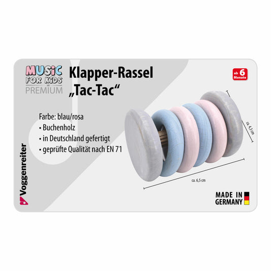 Voggenreiter Music For Kids Premium Klapper-Rassel Tac-Tac, Rassel, Holzklangspielzeug, Klangspielzeug, Blau / Rosa, 1246