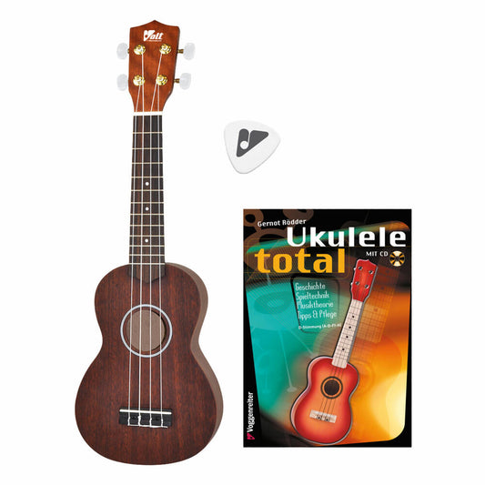 Voggenreiter Ukulele Set, 5-tlg., Complete Holzukulele, Notenständer NS-100, Gitarre, Lernbuch, Notenpult
