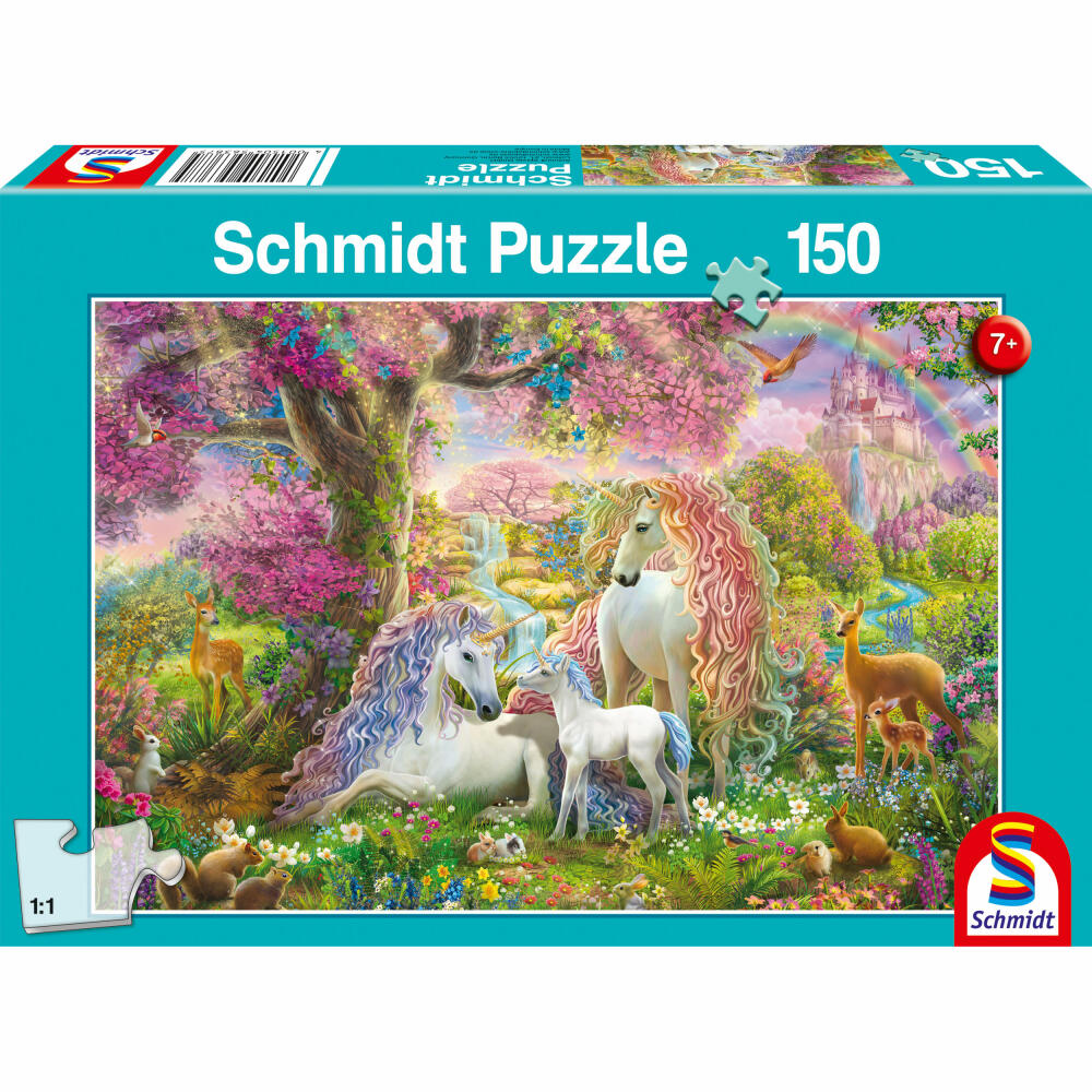 Schmidt Spiele Puzzle Unicorn Family in the Flower Forest, Children's Puzzle, Puzzle, 150 Pieces, 56387