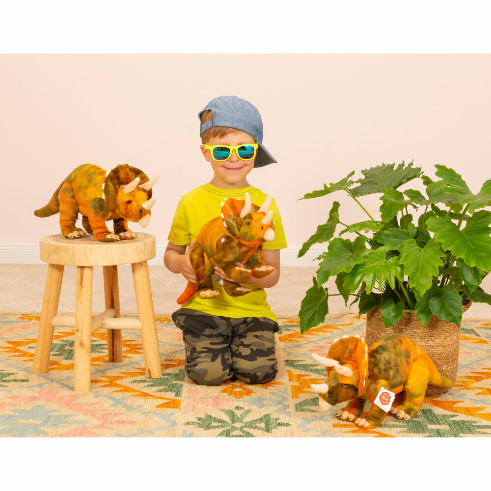 Teddy Hermann Dinosaurier Triceratops, Kuscheltier, Stofftier, Plüschtier, Exotisches Wildtier, Orange Grün, 42 cm, 945062