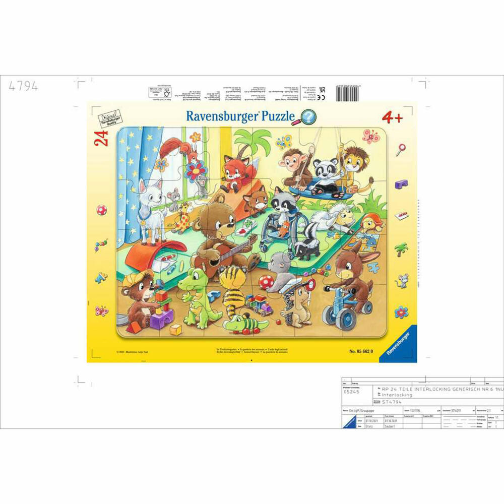 Ravensburger Im Tierkindergarten, Puzzle, Kinderpuzzle, Rahmenpuzzle, Legespiel, 24 Teile, 05662