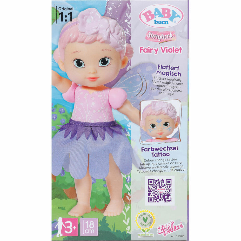 Zapf Creation BABY born Storybook Fairy Violet, Feen-Puppe, Spielpuppe, mit Flügelfunktion, 18 cm, 833780