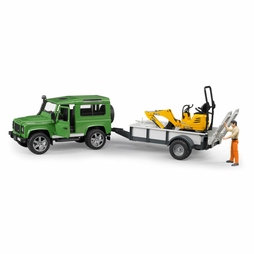 Bruder Baufahrzeuge Land Rover Defender Station Wagon, mit Anhänger, JCBMikrobagger 8010 CTS, Bauarbeiter, Bagger, Modellfahrzeug, Modell Fahrzeug, Spielzeug, 02593