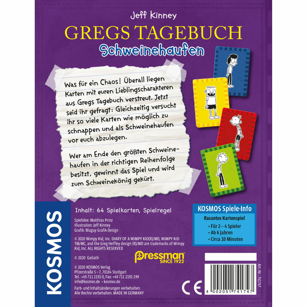 KOSMOS Greg's Diary - Pig Pile, Card Game, Children's Game, Reaction Game, Card Game, 741747