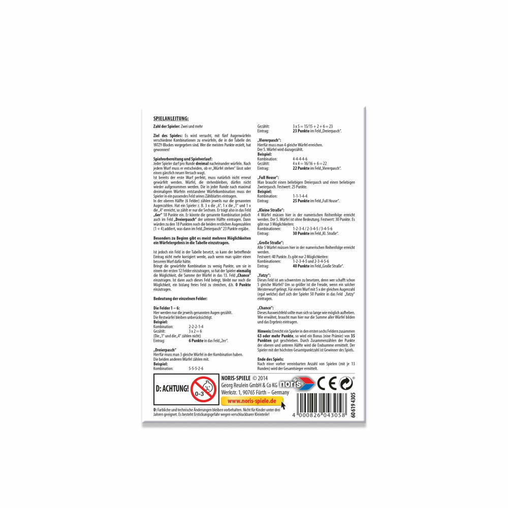 Noris Yatzy Spielblock, Notizblock, Würfel Block, Yatzee, für 3120 Spiele, 606194305