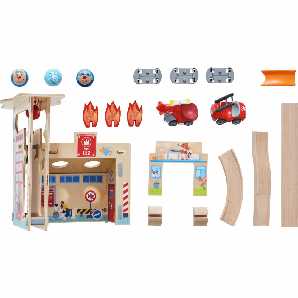 HABA Kullerbü Spielbahn Feuerwehrwache, Holzkugelbahn, Feuerwehrauto, Motorikspielzeug, ab 2 Jahren , Buche, 304847