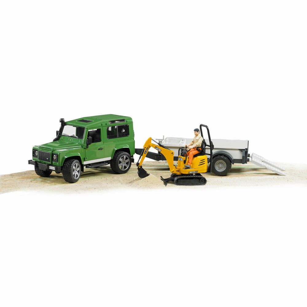 Bruder Baufahrzeuge Land Rover Defender Station Wagon, mit Anhänger, JCBMikrobagger 8010 CTS, Bauarbeiter, Bagger, Modellfahrzeug, Modell Fahrzeug, Spielzeug, 02593