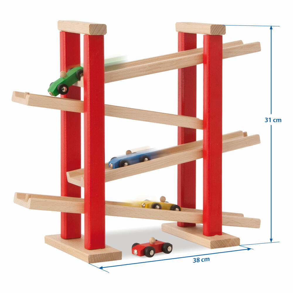 Eichhorn Autorennbahn, Holzrennbahn, Rennstrecke, Kinder Spielzeug, mit 4 Autos, 4 Etagen, Holz, 100027332