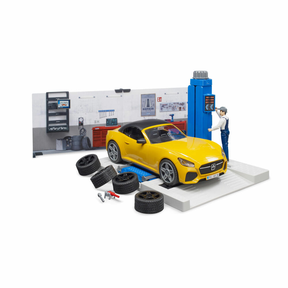Bruder bworld Car Workshop, 10 pcs., Roadster, Mechanic, Model Car, Game Figure, Accessories, 62110