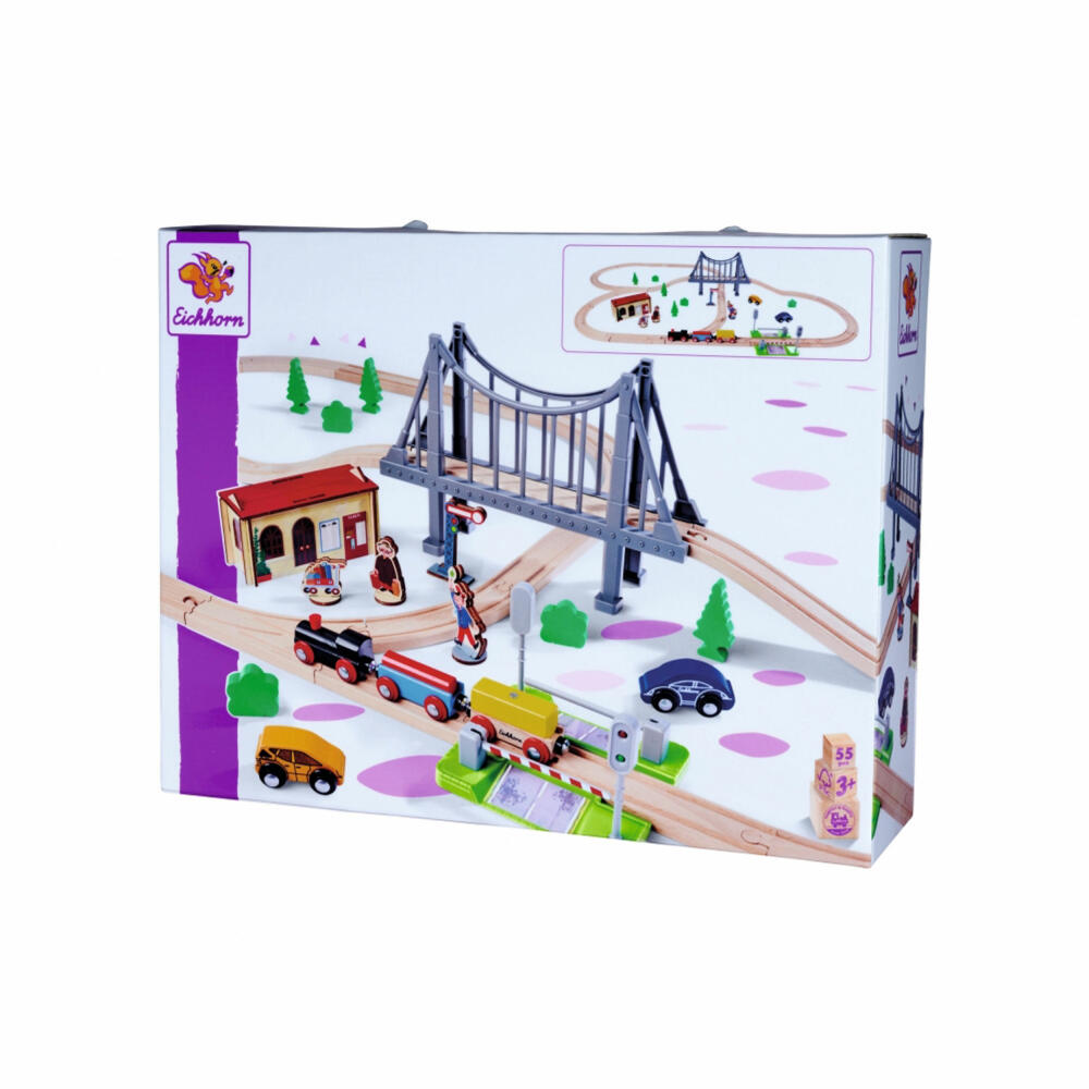 Eichhorn Railway Set with Bridge, 55 pcs., Railway, Wooden Railway, Log, Train, Toy, Wood, 100006204