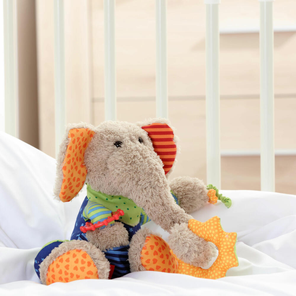 sigikid PlayQ Aktiv-Elefant, Greifling, Beißring, Kuscheltier, Babyspielzeug, Baby Spielzeug, Polyester, H 27 cm, 40863