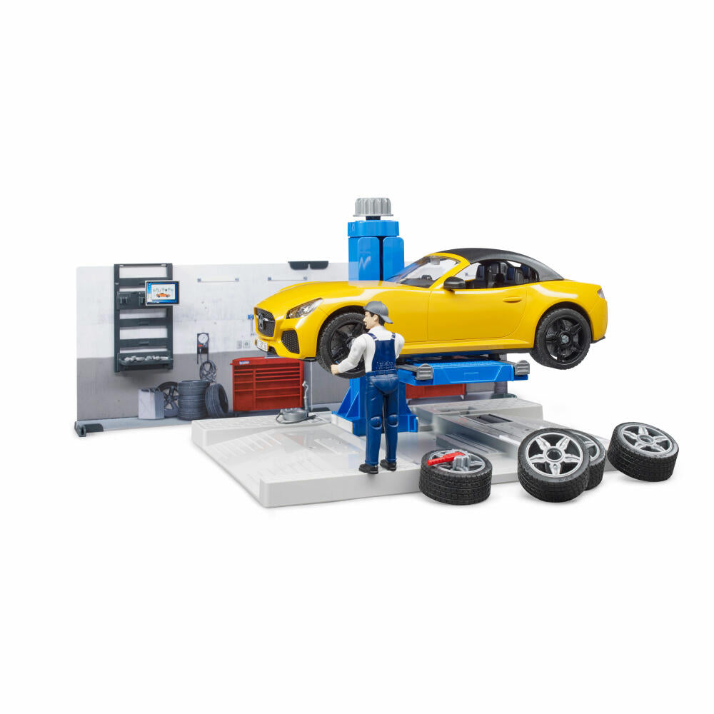 Bruder bworld Car Workshop, 10 pcs., Roadster, Mechanic, Model Car, Game Figure, Accessories, 62110