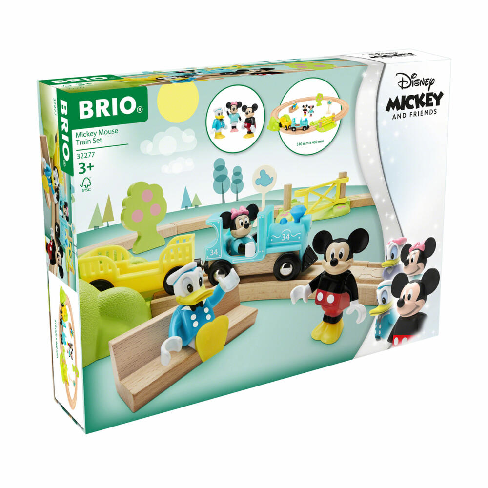 BRIO World Mickey Mouse Railway Set, 18 pcs., Wooden Railway, Locomotive, Wagon, Tracks, Disney, 32277