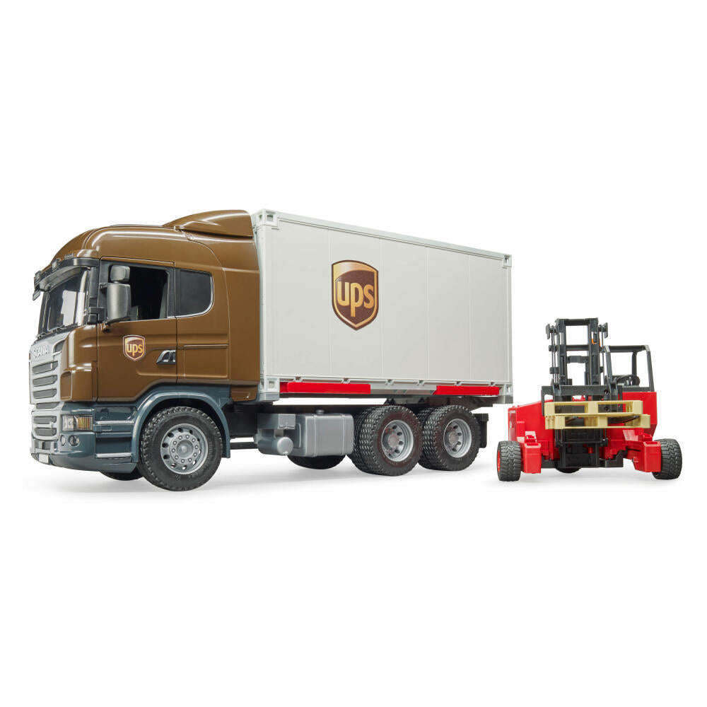Bruder Scania R-Serie UPS Logistik-LKW, mit Mitnahmestapler, Modellfahrzeug, Modell Fahrzeug, Spielzeug, 3581