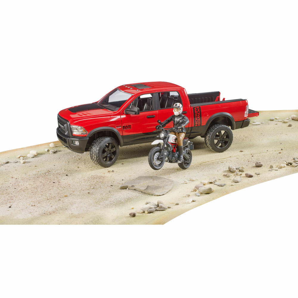 Bruder Leisure RAM 2500 Power Wagon, with Scrambler Ducati Desert Sled and Driver, Pick Up Truck, Motirrad, Model Vehicle, Model Vehicle, Toy, 02502