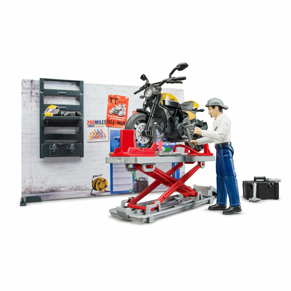 Bruder bworld Motorradwerkstatt, 8-tlg., mit Scrambler Ducati Full Throttle, Werkstatt, Hebebühne, Spiel Figur, Zubehör, 62102
