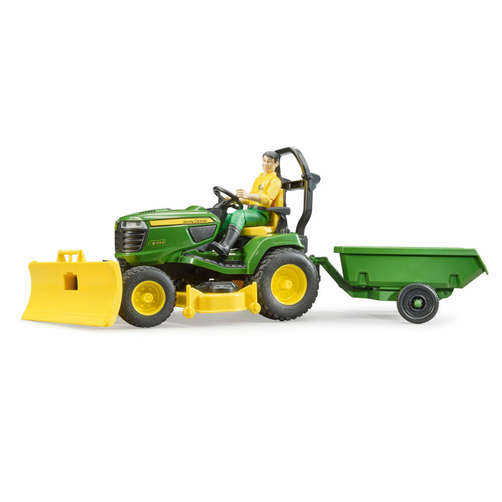 Bruder bworld John Deere ride-on lawn mower with trailer and gardener, with toy figure, lawn tractor, toy figure, accessories, 62104