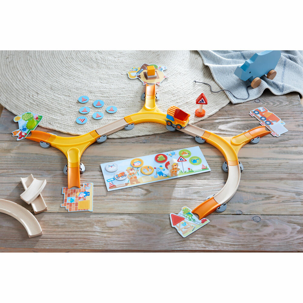 HABA Meine ersten Spiele - Baustelle, kooperatives Memospiel, Kullerbü-Fahrzeug, Vorlesegeschichte, ab 2 Jahren, 305211