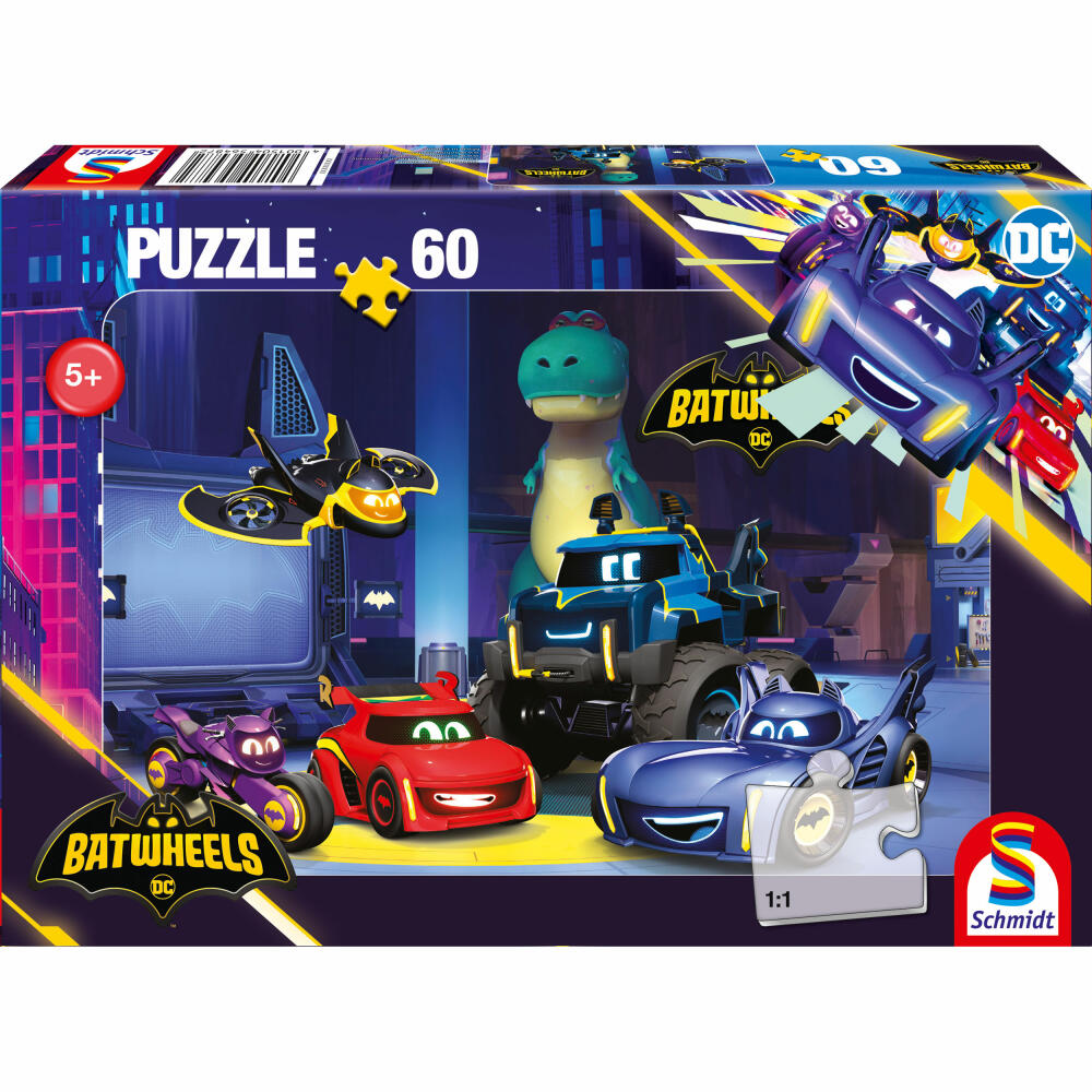 Schmidt Spiele Children's Puzzle Batwheels Bam, Batwing, Bibi, Buff and Redbird in the Batcave, Children's Puzzle, 60 pieces, 56487