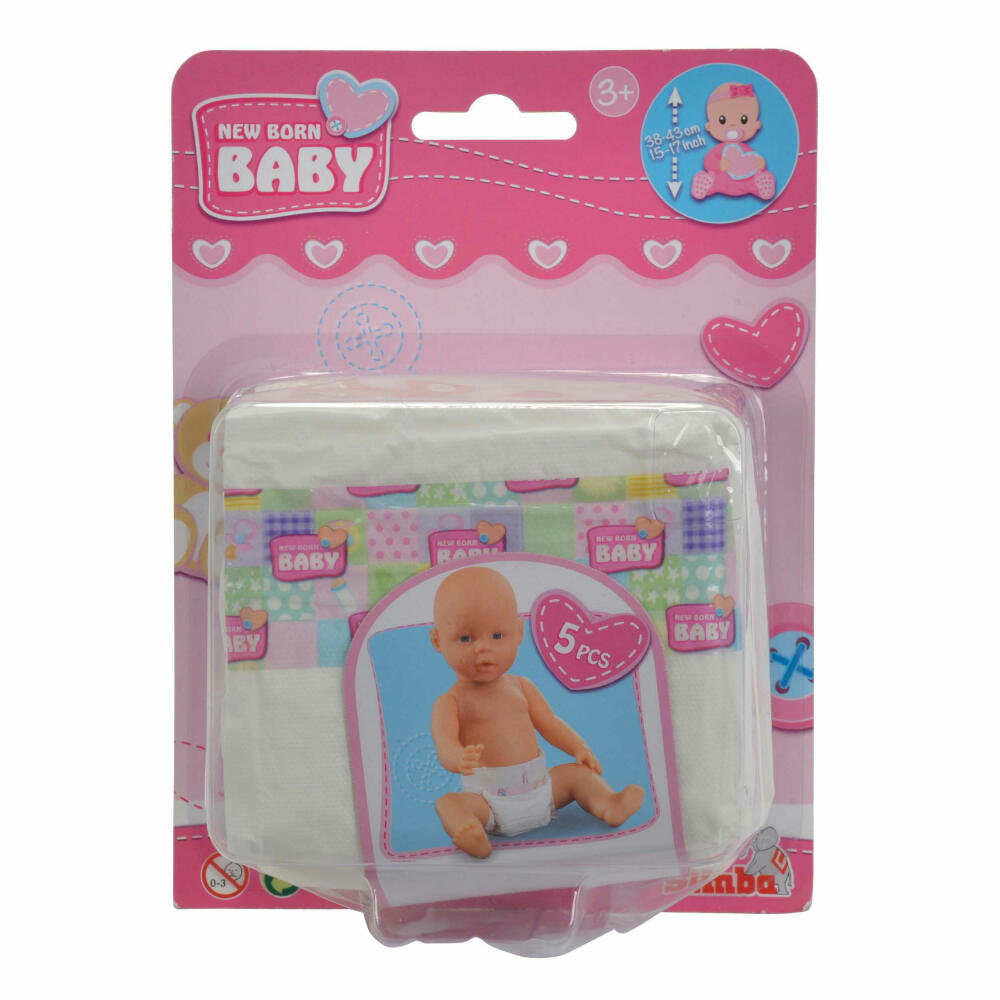 Simba New Born Baby 5 Diapers, Replacement Diapers, Doll Accessories, Toys, for Dolls 38 to 43 cm, 5 Pieces, 105561906