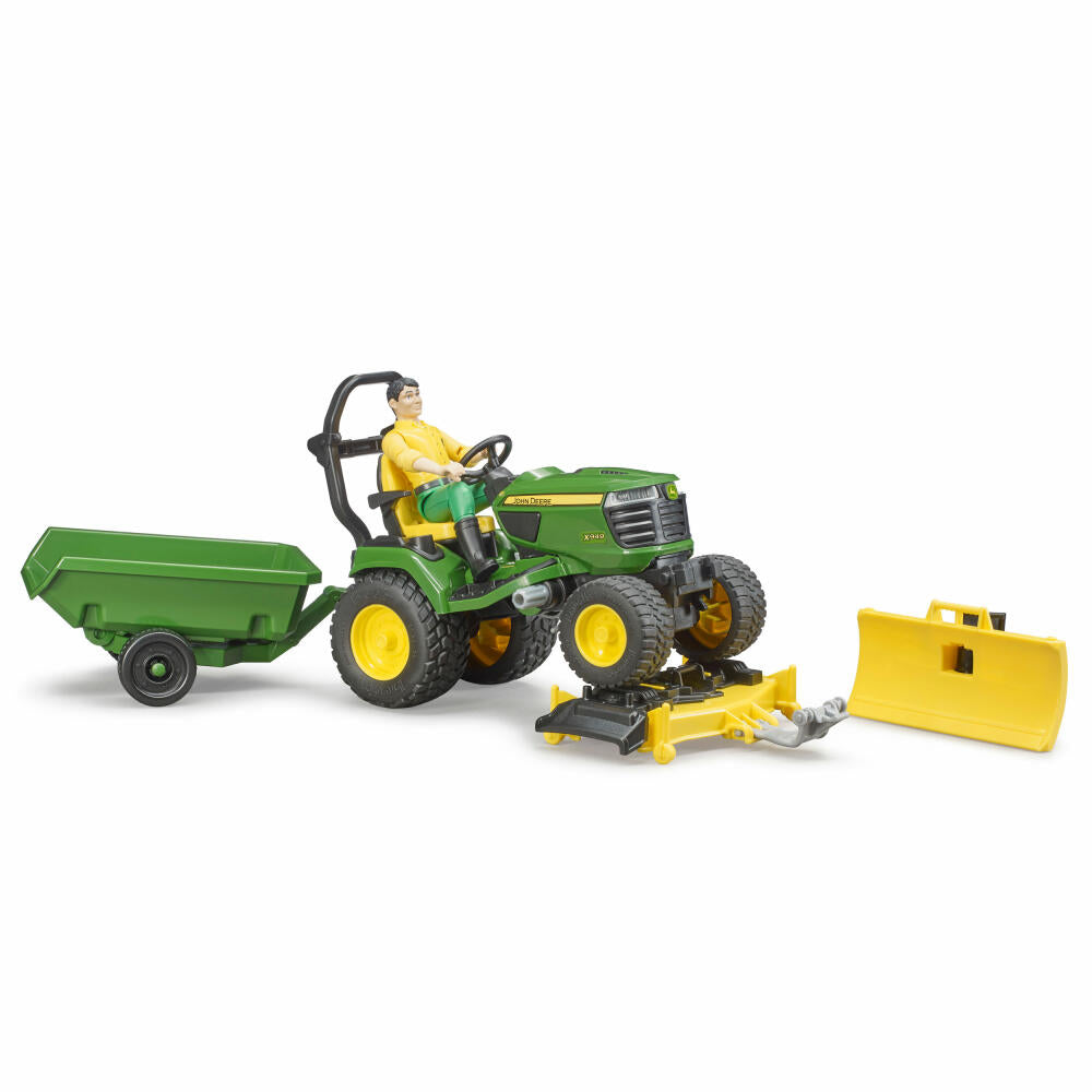 Bruder bworld John Deere ride-on lawn mower with trailer and gardener, with toy figure, lawn tractor, toy figure, accessories, 62104