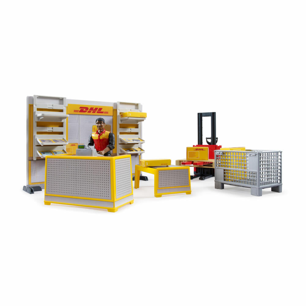 Bruder bworld DHL Shop mit Handhubstapler, Paketshop, Spielzeug, Spielwelt, 62251
