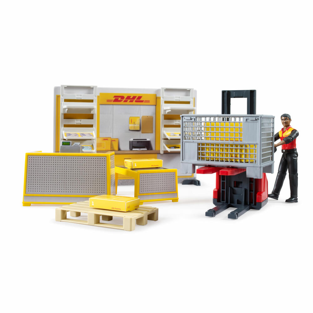 Bruder bworld DHL Shop mit Handhubstapler, Paketshop, Spielzeug, Spielwelt, 62251