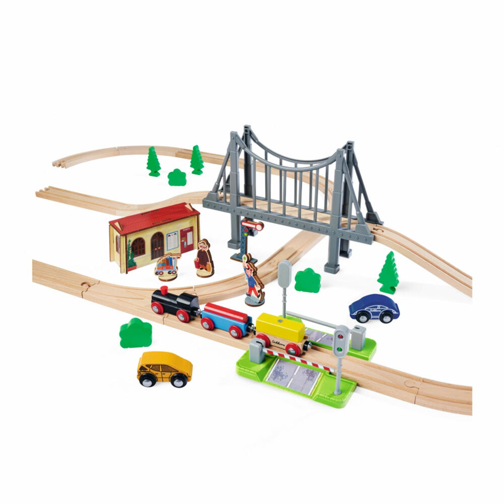 Eichhorn Railway Set with Bridge, 55 pcs., Railway, Wooden Railway, Log, Train, Toy, Wood, 100006204