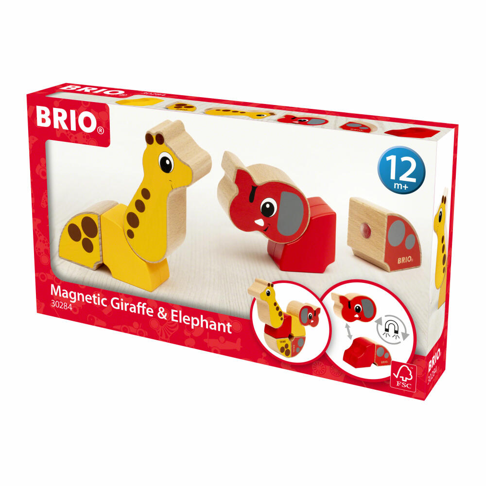 BRIO Magnet-Tiere Elefant und Giraffe, 6-tlg., Magnetisches Spielzeug, Holzspielzeug, Kleinkind, 30284