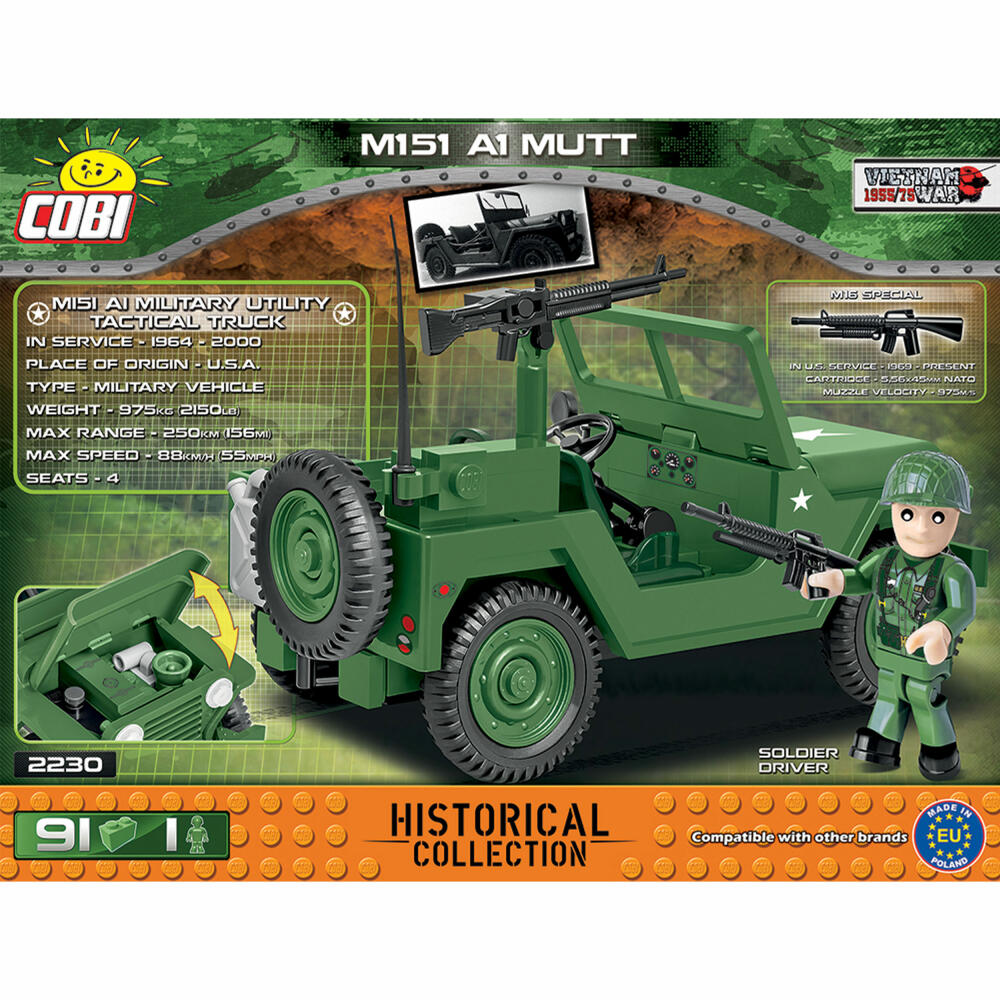 COBI World War 2 M151 A1 MUTT, Military, Vehicle, Soldiers, Figure, Toy, Construction Bricks, Plastic, 91 Parts, 2230