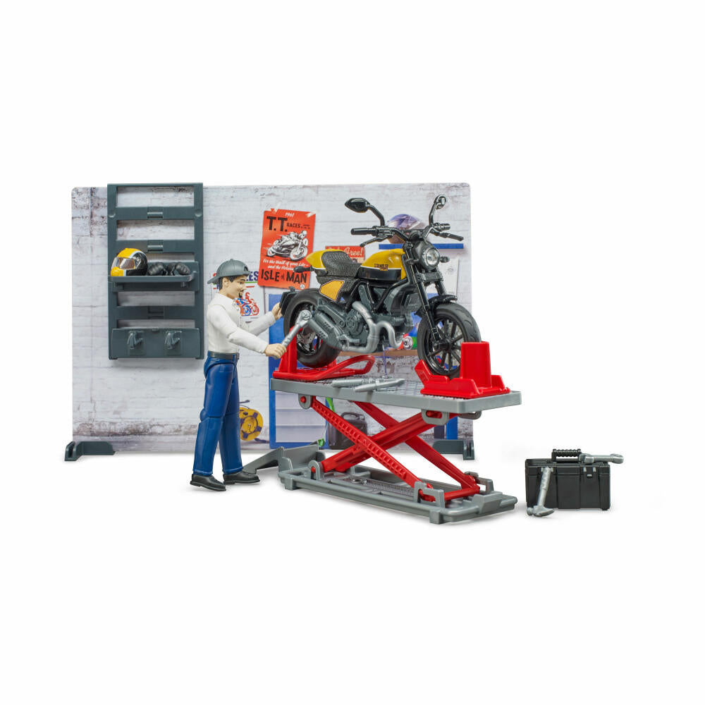 Bruder bworld Motorradwerkstatt, 8-tlg., mit Scrambler Ducati Full Throttle, Werkstatt, Hebebühne, Spiel Figur, Zubehör, 62102