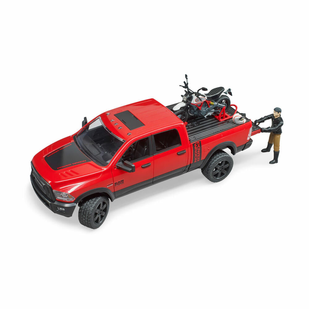 Bruder Leisure RAM 2500 Power Wagon, with Scrambler Ducati Desert Sled and Driver, Pick Up Truck, Motirrad, Model Vehicle, Model Vehicle, Toy, 02502