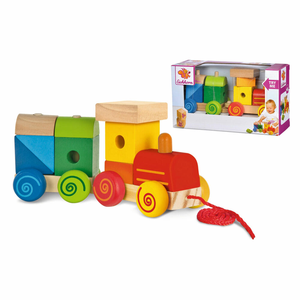 Eichhorn train, 11 pcs., locomotive with sound, pull-along train, sound train, plug-in blocks, building blocks, wooden toy, wooden toy, 100003453