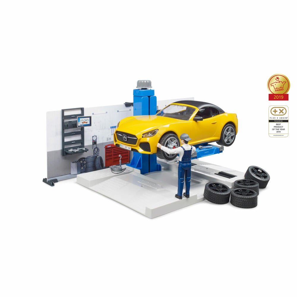Bruder bworld Car Workshop, 10 pcs., Roadster, Mechanic, Model Car, Game Figure, Accessories, 62110