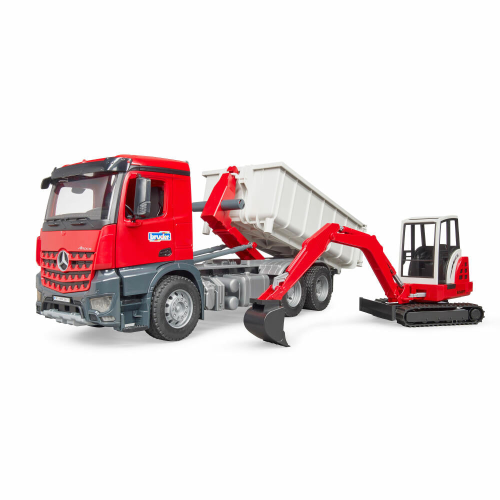 Bruder Construction Vehicles Mercedes Benz Arocs Truck, with Schaeff HR16 Mini Excavator, Roll-off Container, Excavator, Model Vehicle, Model Vehicle, Toy, 03624