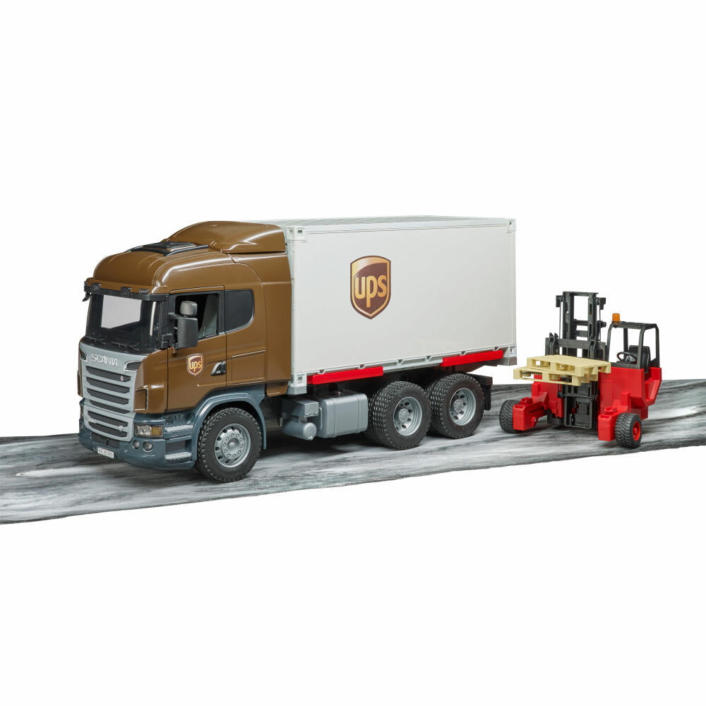 Bruder Scania R-Serie UPS Logistik-LKW, mit Mitnahmestapler, Modellfahrzeug, Modell Fahrzeug, Spielzeug, 3581