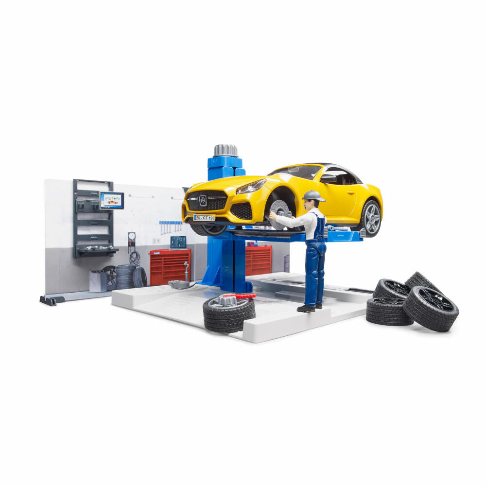Bruder bworld Car Workshop, 10 pcs., Roadster, Mechanic, Model Car, Game Figure, Accessories, 62110