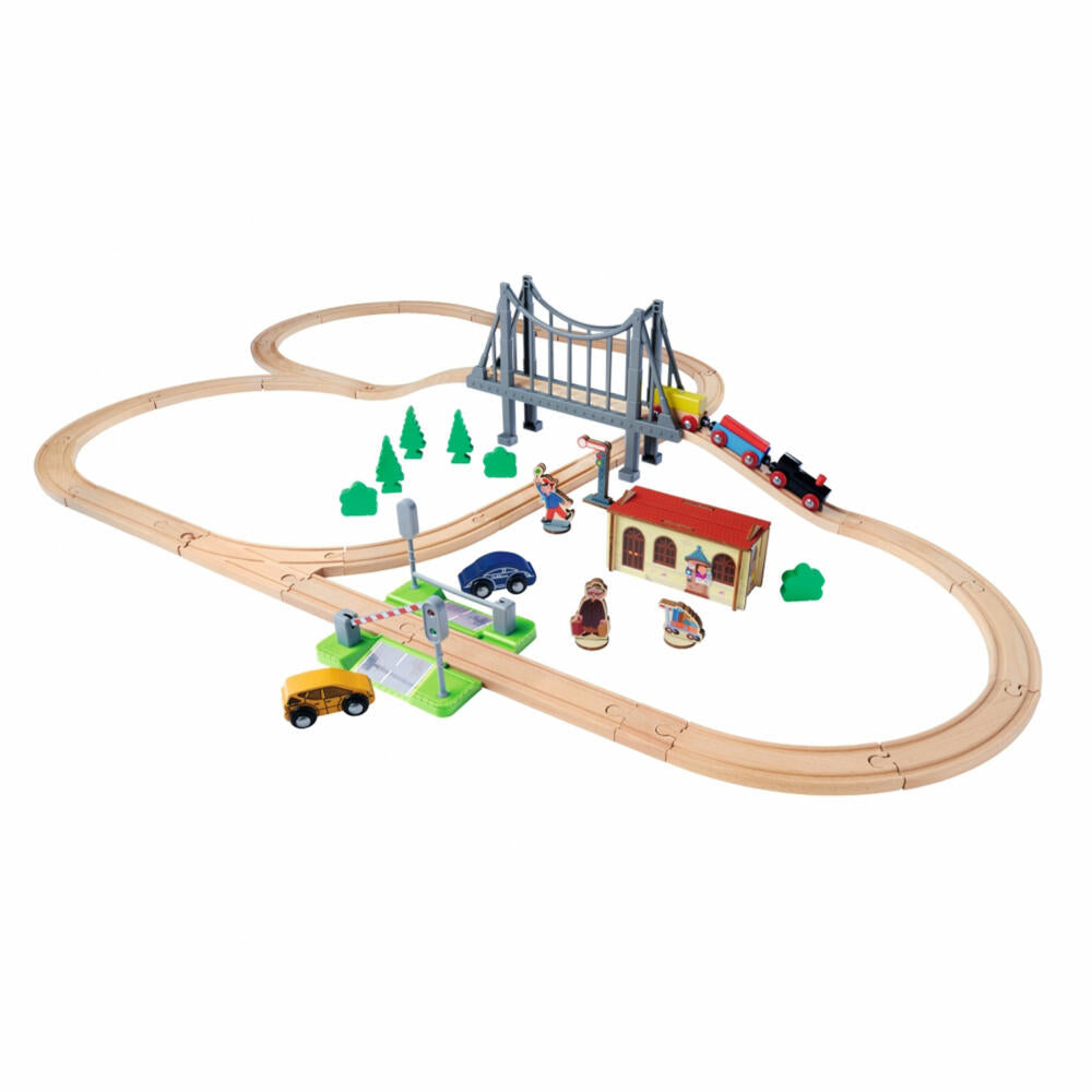 Eichhorn Railway Set with Bridge, 55 pcs., Railway, Wooden Railway, Log, Train, Toy, Wood, 100006204