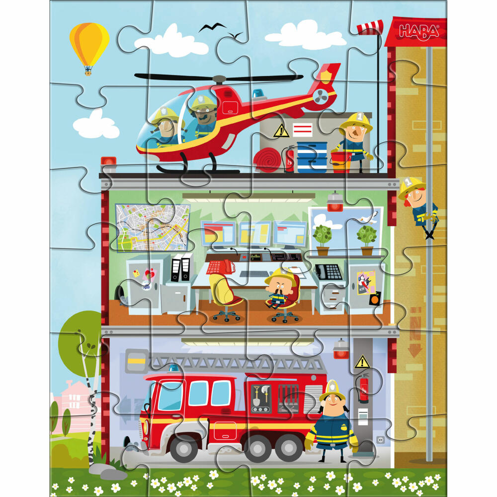 HABA Puzzles Kleine Feuerwehr, 3 Puzzles mit je 24 Teilen, Feuerwehr-Motive, stabile Pappe, ab 4 Jahren, 304186