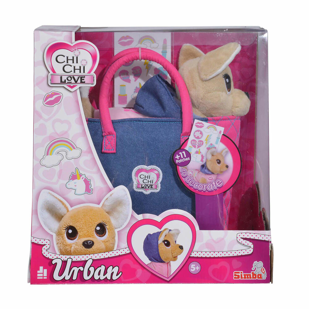 Simba Chi Chi Love Urban Plüschhund, Chihuahua, Jeans, Denim, Tragetasche, Stofftier, Sticker, Spielzeug, 20 cm, 105893244