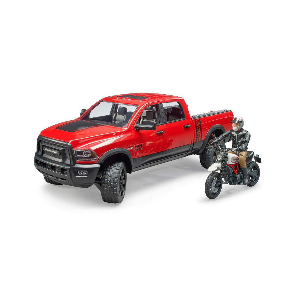 Bruder Leisure RAM 2500 Power Wagon, with Scrambler Ducati Desert Sled and Driver, Pick Up Truck, Motirrad, Model Vehicle, Model Vehicle, Toy, 02502
